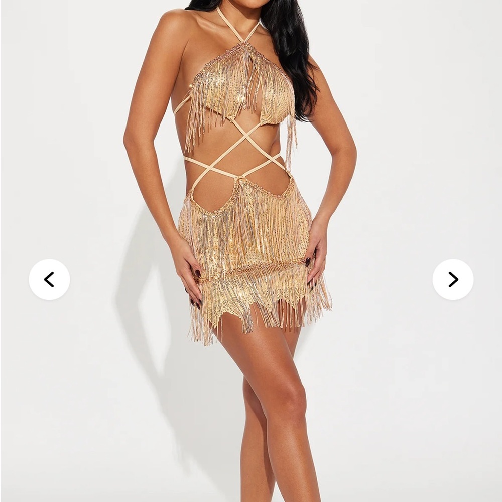 Fashion Nova Gold Fringe Mini Dress